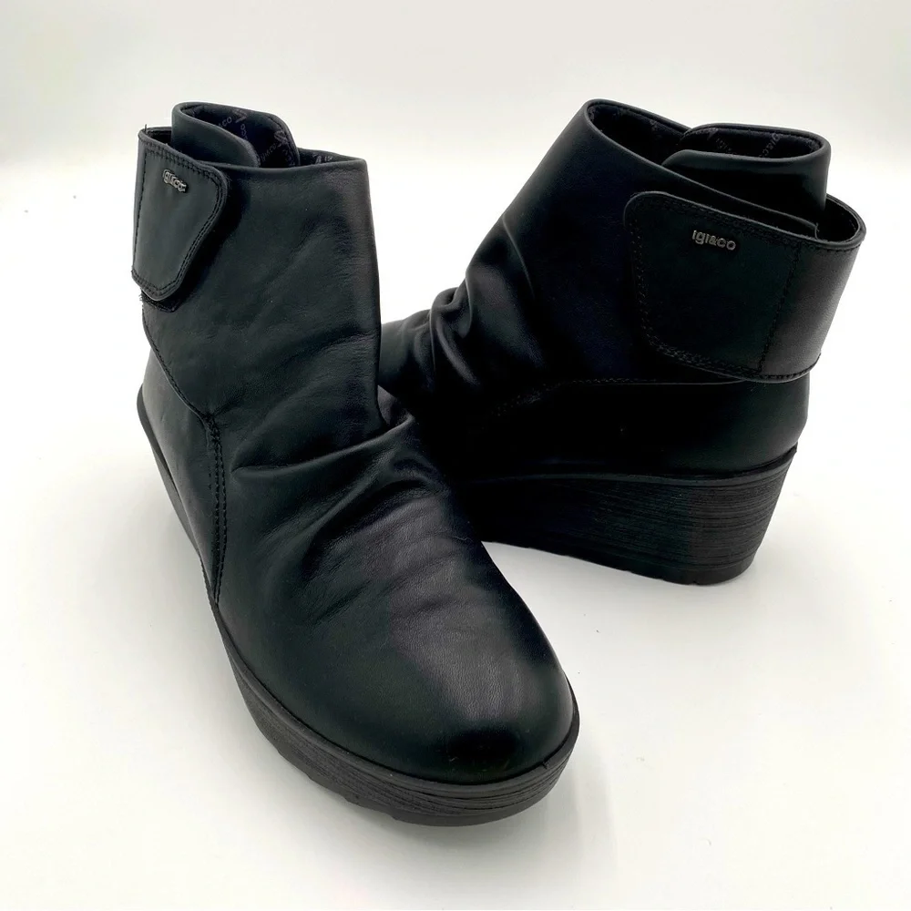 IGI&CO Women's Leather Wedge Heeled Ankle Booties Boots Shoes Black 6.5 (NWOT)